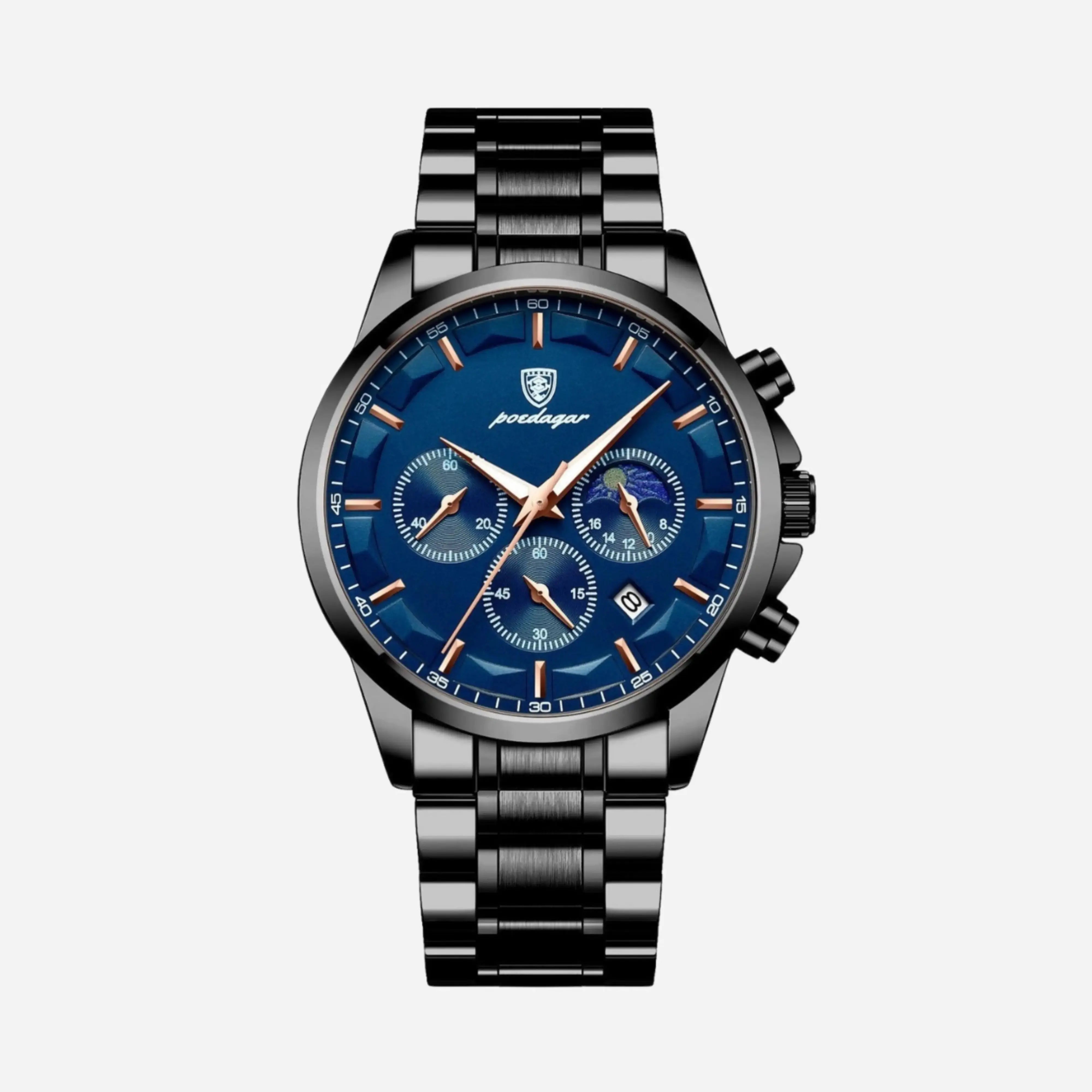 Prabangus vyriškas sportinis laikrodis su kvarciniu mechanizmu, chronografu ir odiniu dirželiu